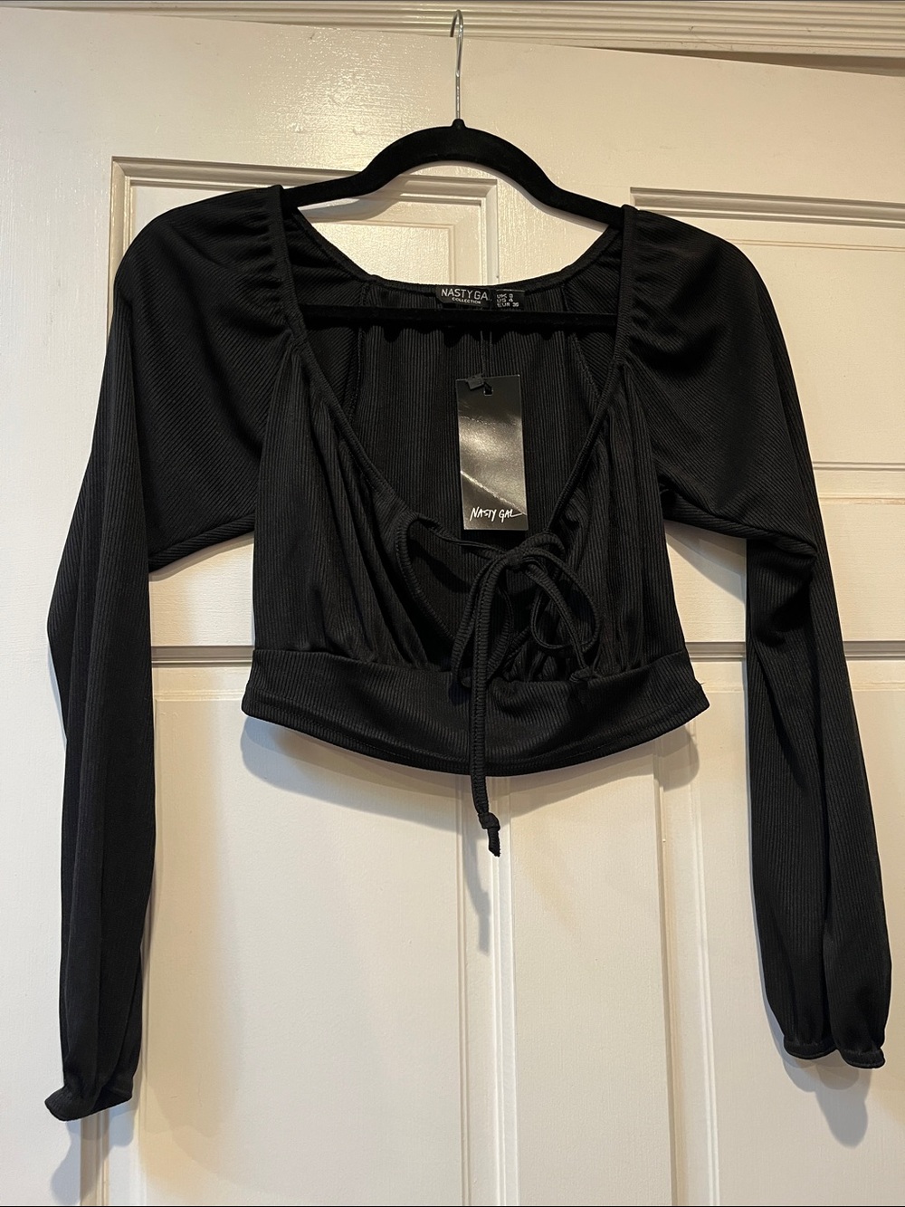 Nasty Gal Black Ribbed Lace-Up Long Sleeve Crop Top